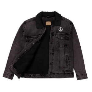 Embroidered Peace Sign Denim Sherpa Jacket Black/White