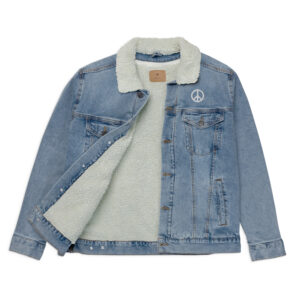 Embroidered Peace Sign Denim Sherpa Jacket Blue/White